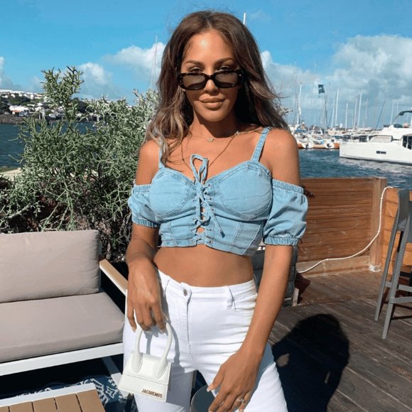 Denim Jeans Cold Shoulder Bustier Crop Top - Picture 3 of 13